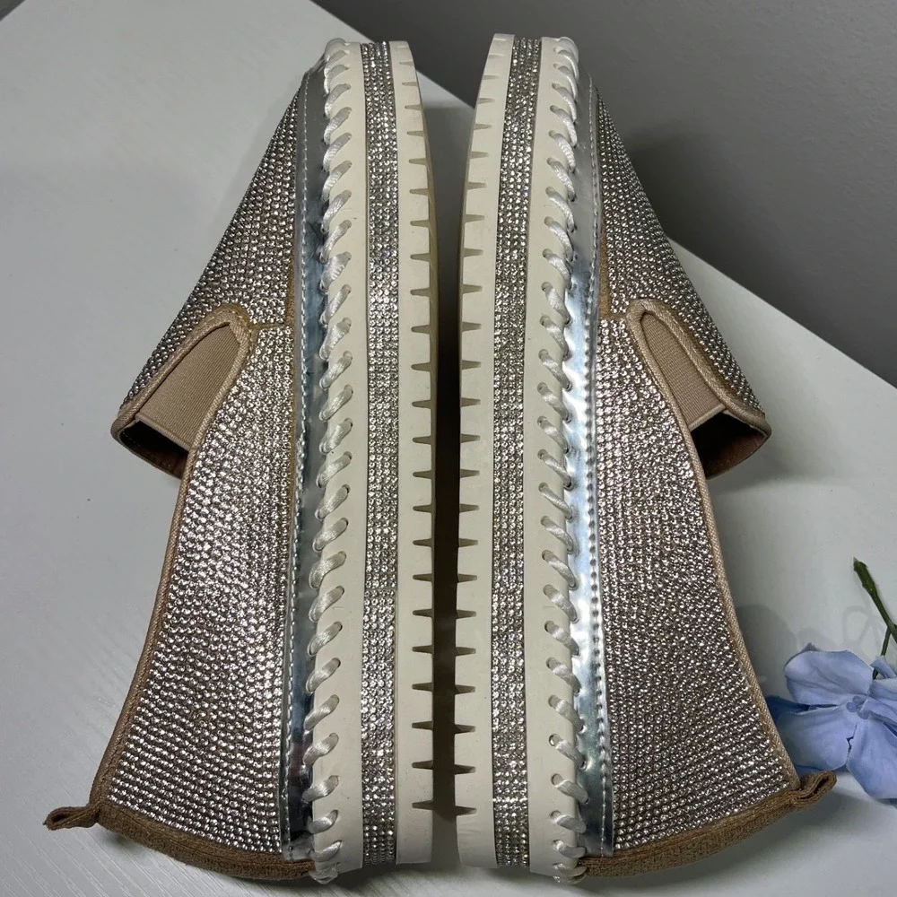 Silver Rhinestone Slip On‎ Platform Sneakers Bling Loafers Whipstitch